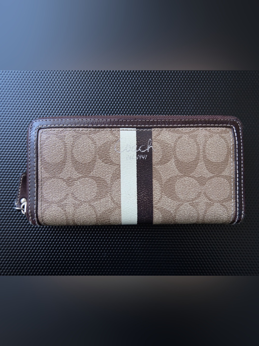 Coach Signature Stripe Zip Around Wallet Brown Tan